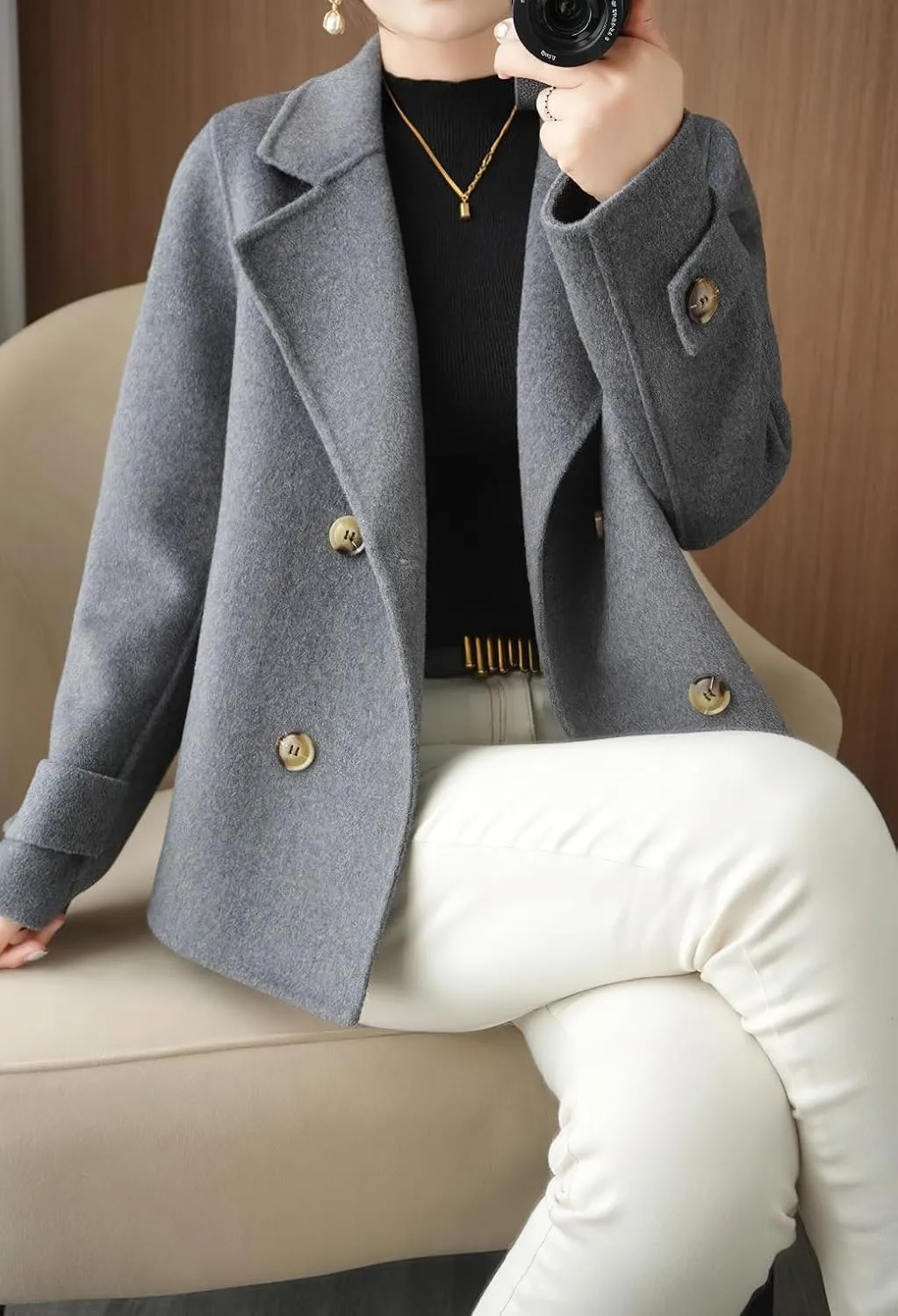chouyatou Womens Fall Winter Casual Business Wool Blend Coat Loose Double Breasted Dressy Blazer Pea Coat