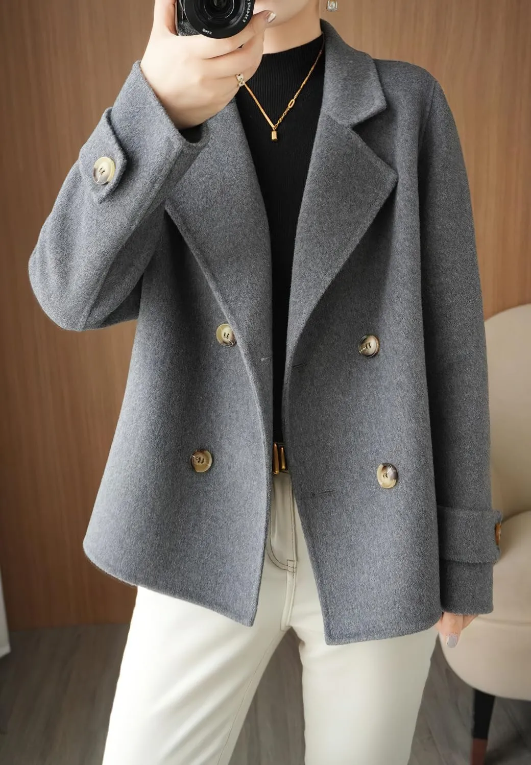 chouyatou Womens Fall Winter Casual Business Wool Blend Coat Loose Double Breasted Dressy Blazer Pea Coat