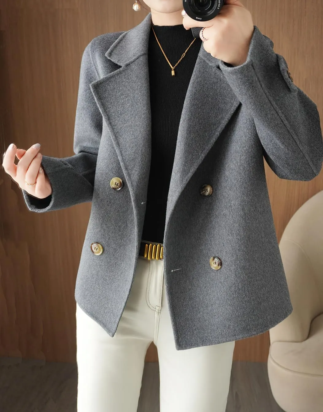 chouyatou Womens Fall Winter Casual Business Wool Blend Coat Loose Double Breasted Dressy Blazer Pea Coat