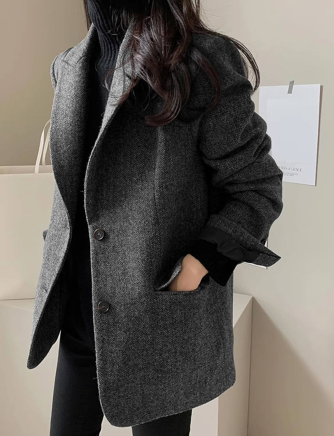 chouyatou Womens Fall Winter Wool Blend Casual Business Blazer Jacket Single Breasted Dressy Work Coat
