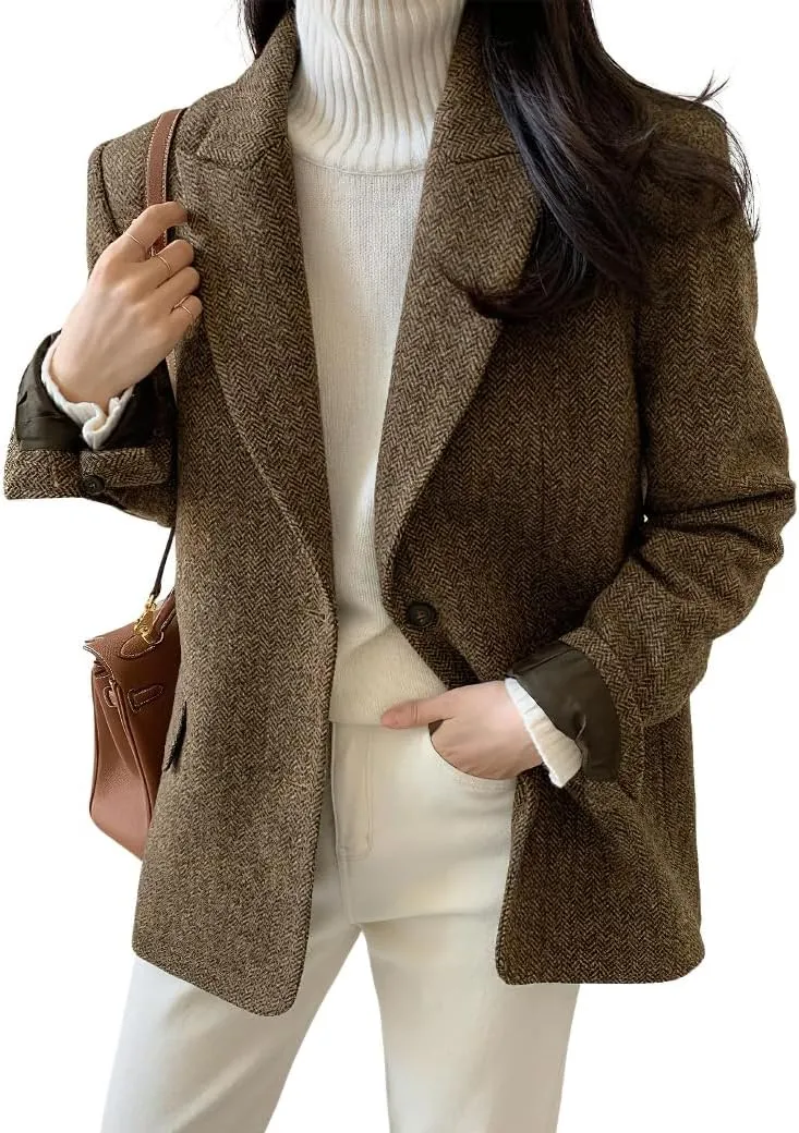 chouyatou Womens Fall Winter Wool Blend Casual Business Blazer Jacket Single Breasted Dressy Work Coat