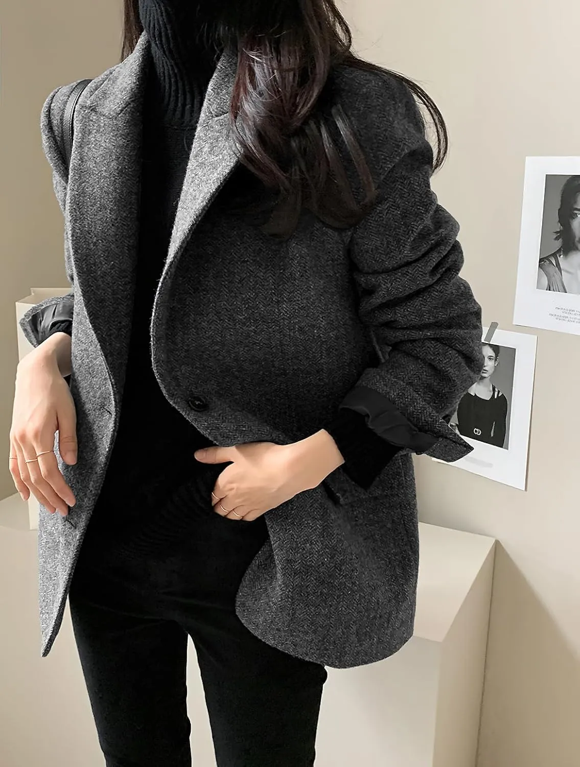 chouyatou Womens Fall Winter Wool Blend Casual Business Blazer Jacket Single Breasted Dressy Work Coat