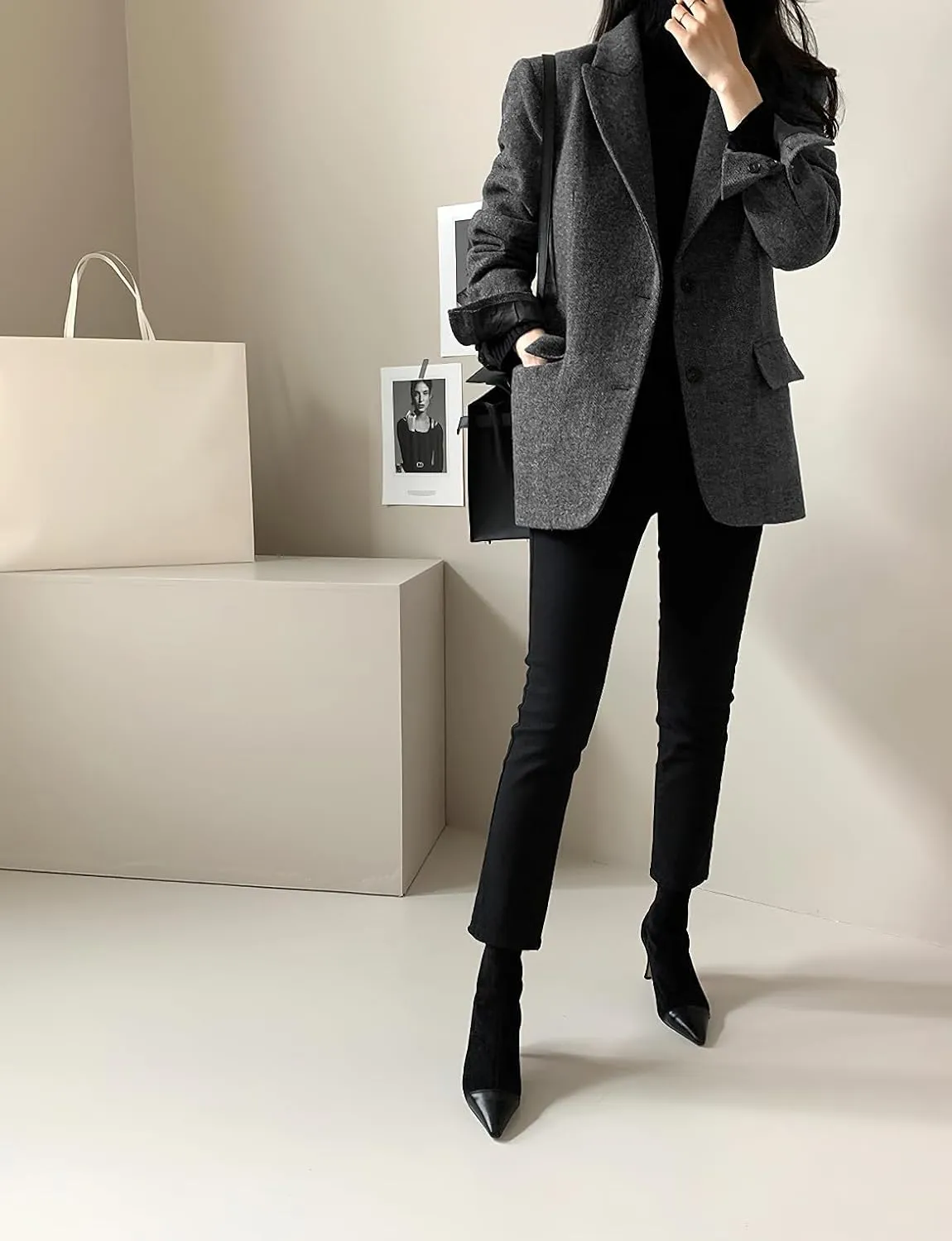 chouyatou Womens Fall Winter Wool Blend Casual Business Blazer Jacket Single Breasted Dressy Work Coat