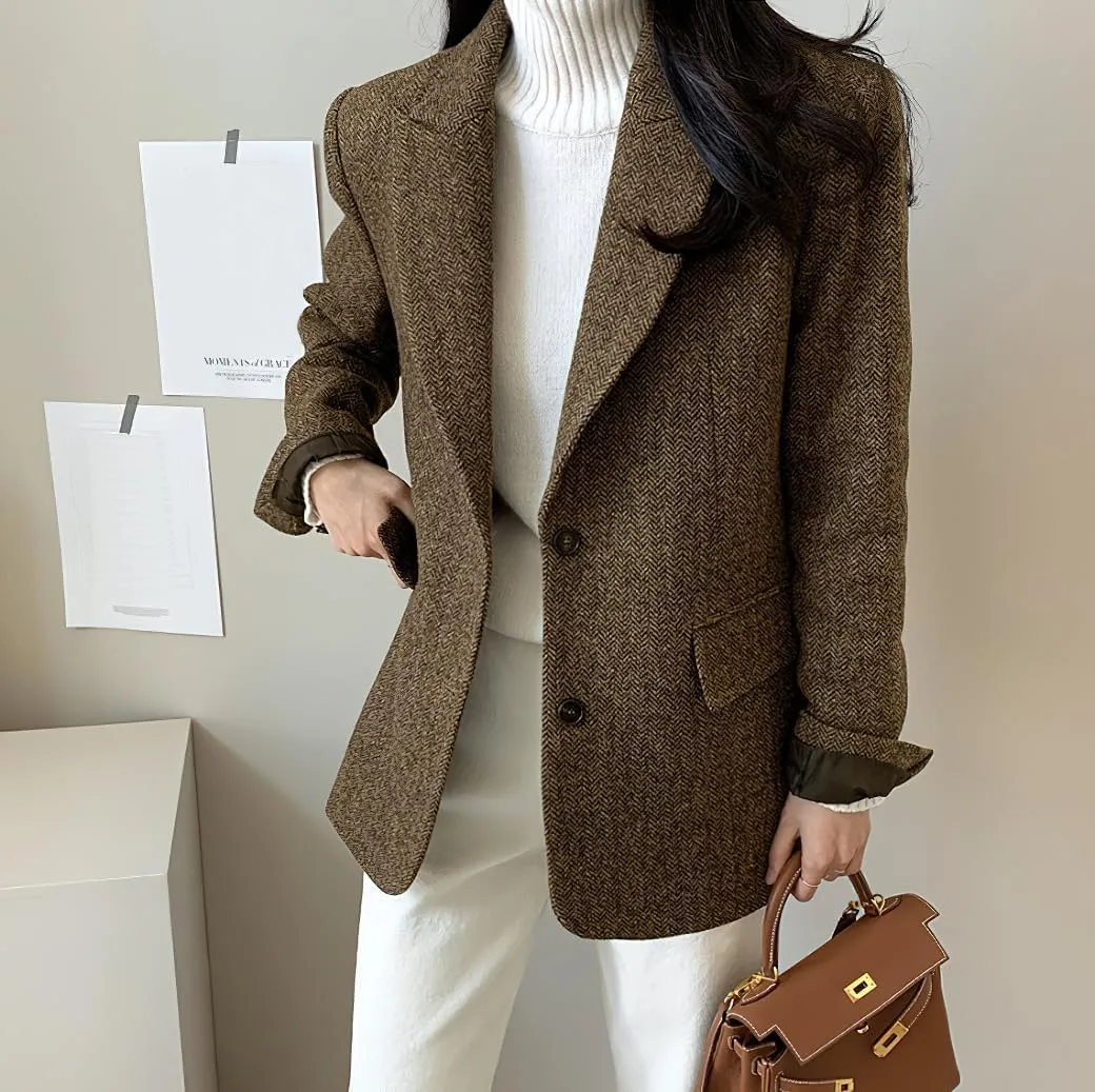 chouyatou Womens Fall Winter Wool Blend Casual Business Blazer Jacket Single Breasted Dressy Work Coat