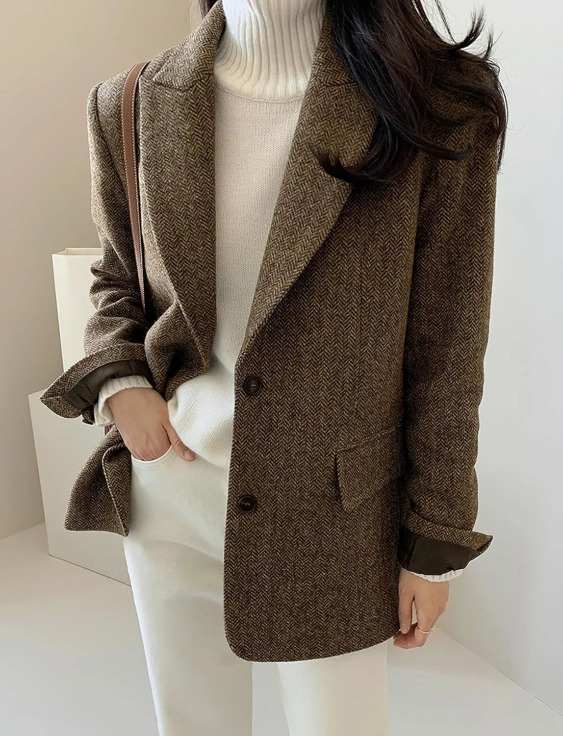 chouyatou Womens Fall Winter Wool Blend Casual Business Blazer Jacket Single Breasted Dressy Work Coat