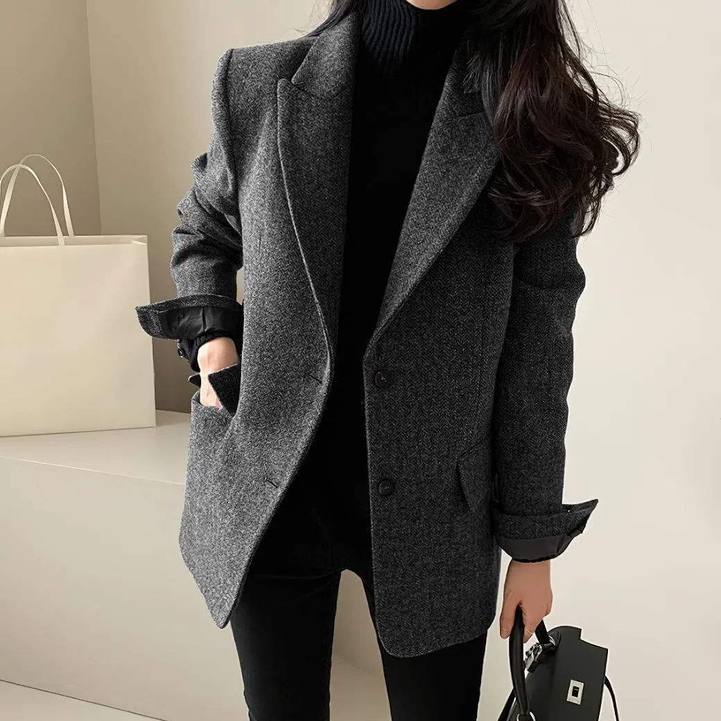 chouyatou Womens Fall Winter Wool Blend Casual Business Blazer Jacket Single Breasted Dressy Work Coat