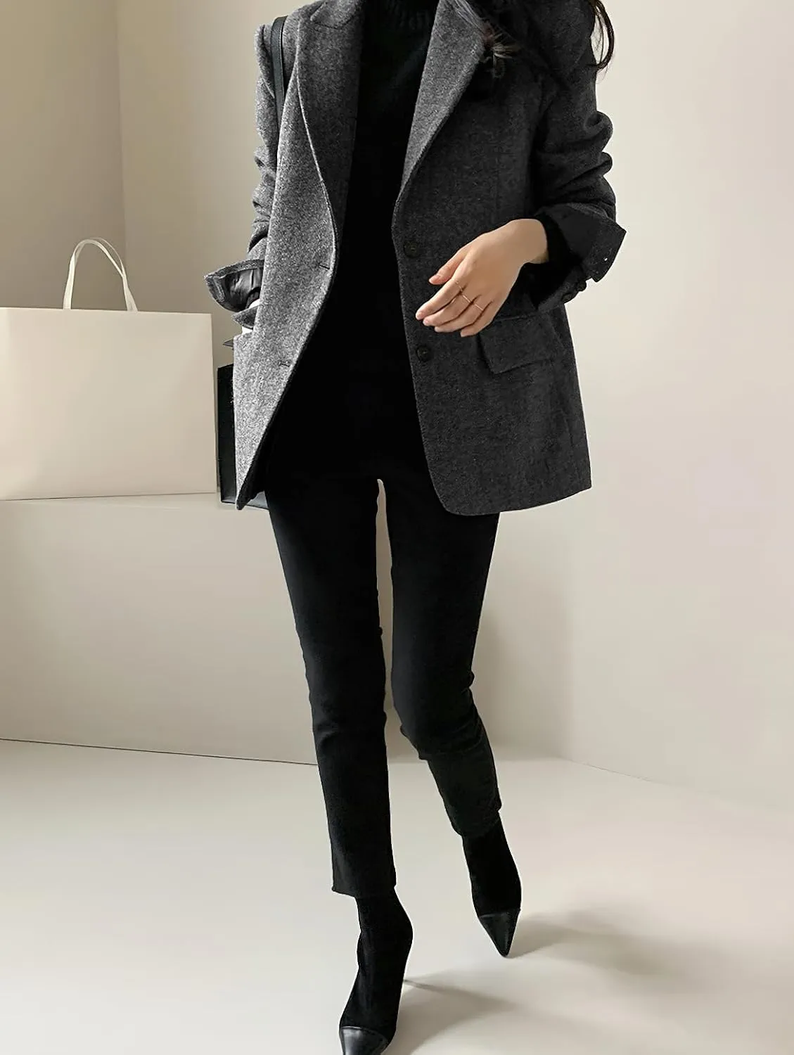 chouyatou Womens Fall Winter Wool Blend Casual Business Blazer Jacket Single Breasted Dressy Work Coat