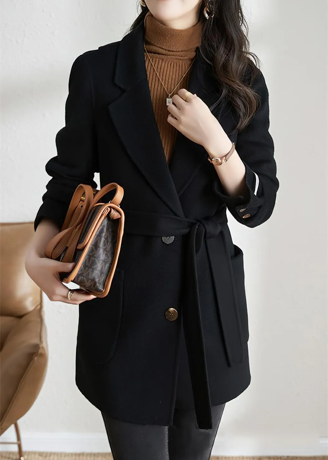 chouyatou Women's Fall Winter Wool Blend Coat Notched Collar Single Breasted Blazer Trench Coat with Belt