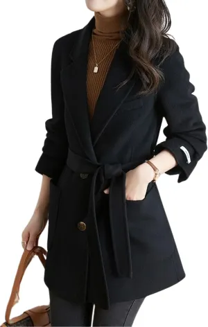chouyatou Women's Fall Winter Wool Blend Coat Notched Collar Single Breasted Blazer Trench Coat with Belt