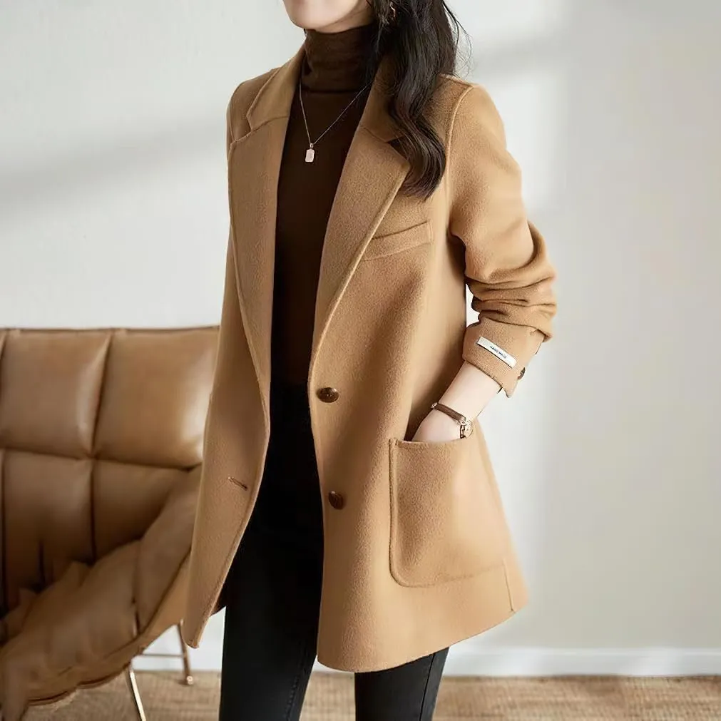 chouyatou Women's Fall Winter Wool Blend Coat Notched Collar Single Breasted Blazer Trench Coat with Belt