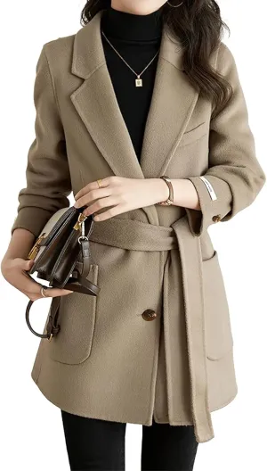 chouyatou Women's Fall Winter Wool Blend Coat Notched Collar Single Breasted Blazer Trench Coat with Belt