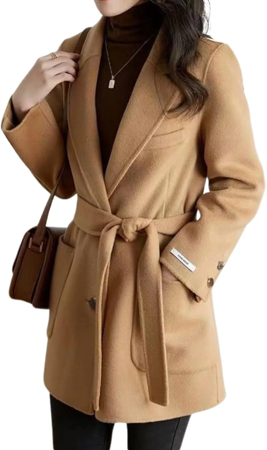 chouyatou Women's Fall Winter Wool Blend Coat Notched Collar Single Breasted Blazer Trench Coat with Belt
