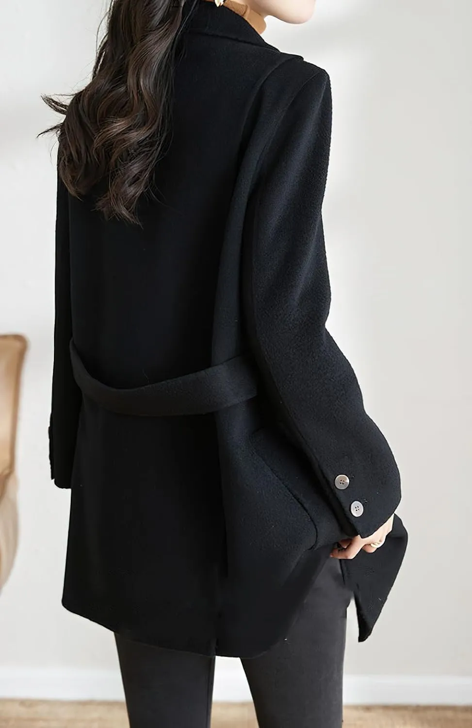 chouyatou Women's Fall Winter Wool Blend Coat Notched Collar Single Breasted Blazer Trench Coat with Belt