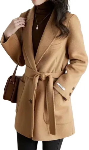 chouyatou Women's Fall Winter Wool Blend Coat Notched Collar Single Breasted Blazer Trench Coat with Belt