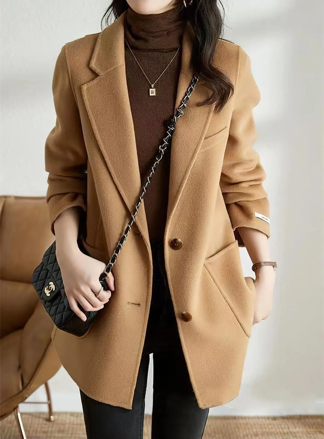 chouyatou Women's Fall Winter Wool Blend Coat Notched Collar Single Breasted Blazer Trench Coat with Belt