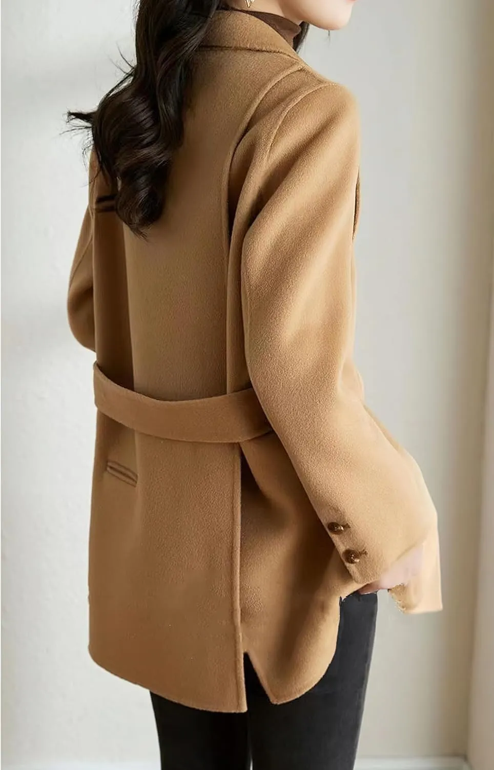 chouyatou Women's Fall Winter Wool Blend Coat Notched Collar Single Breasted Blazer Trench Coat with Belt
