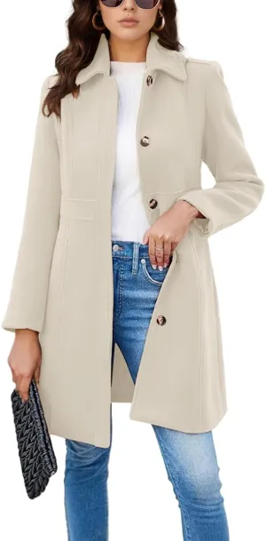 chouyatou Women's Single Breasted Button Up Wool Coat Winter Casual Midi Long Wool Blend Trench Coat
