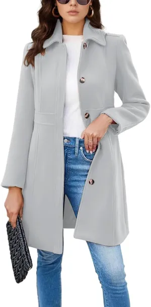 chouyatou Women's Single Breasted Button Up Wool Coat Winter Casual Midi Long Wool Blend Trench Coat