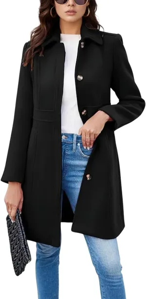 chouyatou Women's Single Breasted Button Up Wool Coat Winter Casual Midi Long Wool Blend Trench Coat
