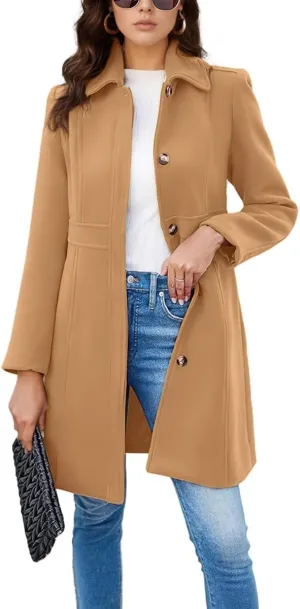 chouyatou Women's Single Breasted Button Up Wool Coat Winter Casual Midi Long Wool Blend Trench Coat