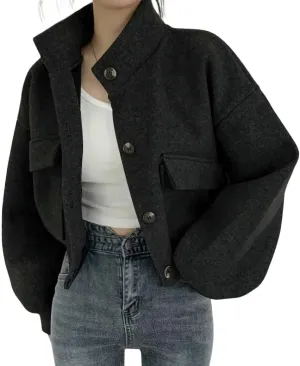 chouyatou Women's Stand Collar Wool Blend Cropped Trench Coat Button Front Short Jacket Coat with pockets