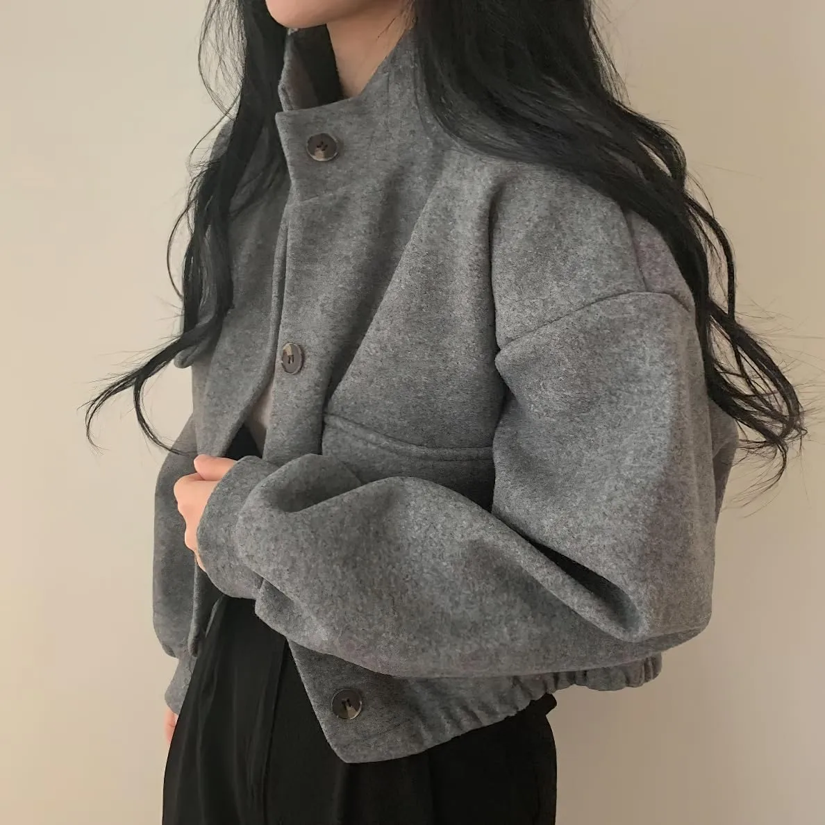 chouyatou Women's Stand Collar Wool Blend Cropped Trench Coat Button Front Short Jacket Coat with pockets