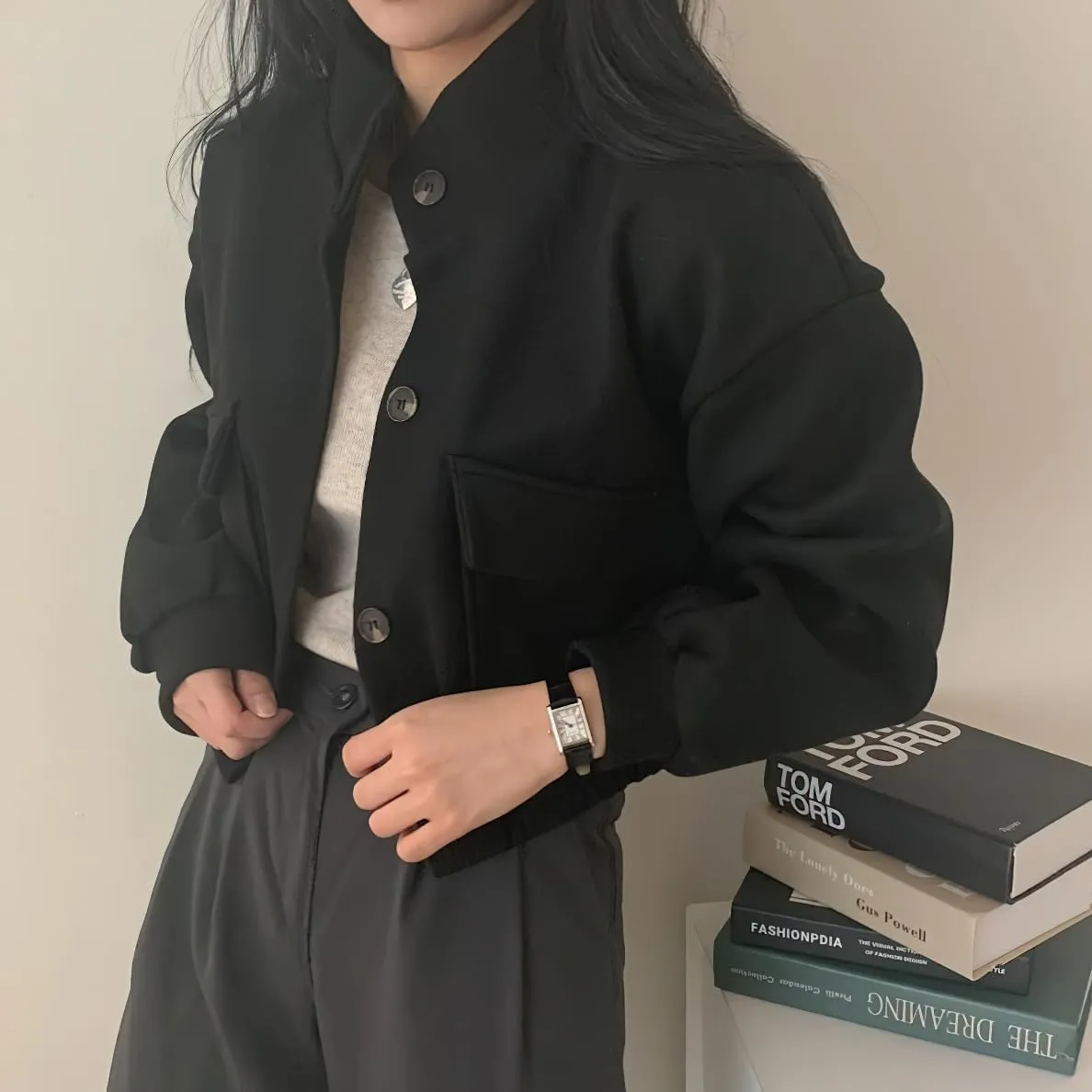 chouyatou Women's Stand Collar Wool Blend Cropped Trench Coat Button Front Short Jacket Coat with pockets
