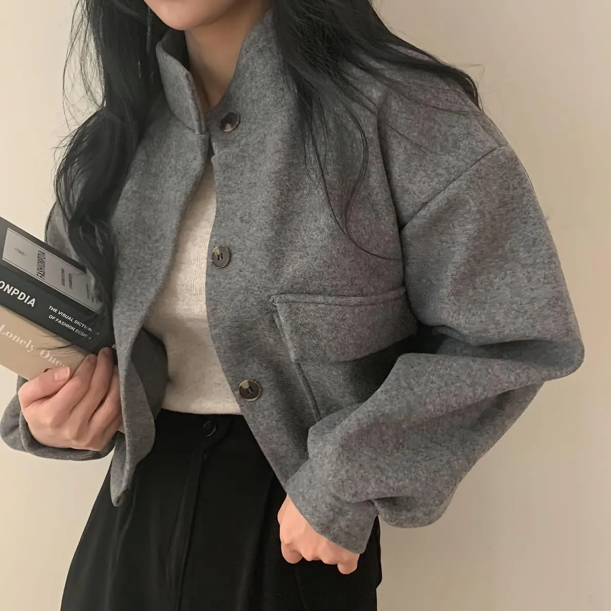 chouyatou Women's Stand Collar Wool Blend Cropped Trench Coat Button Front Short Jacket Coat with pockets