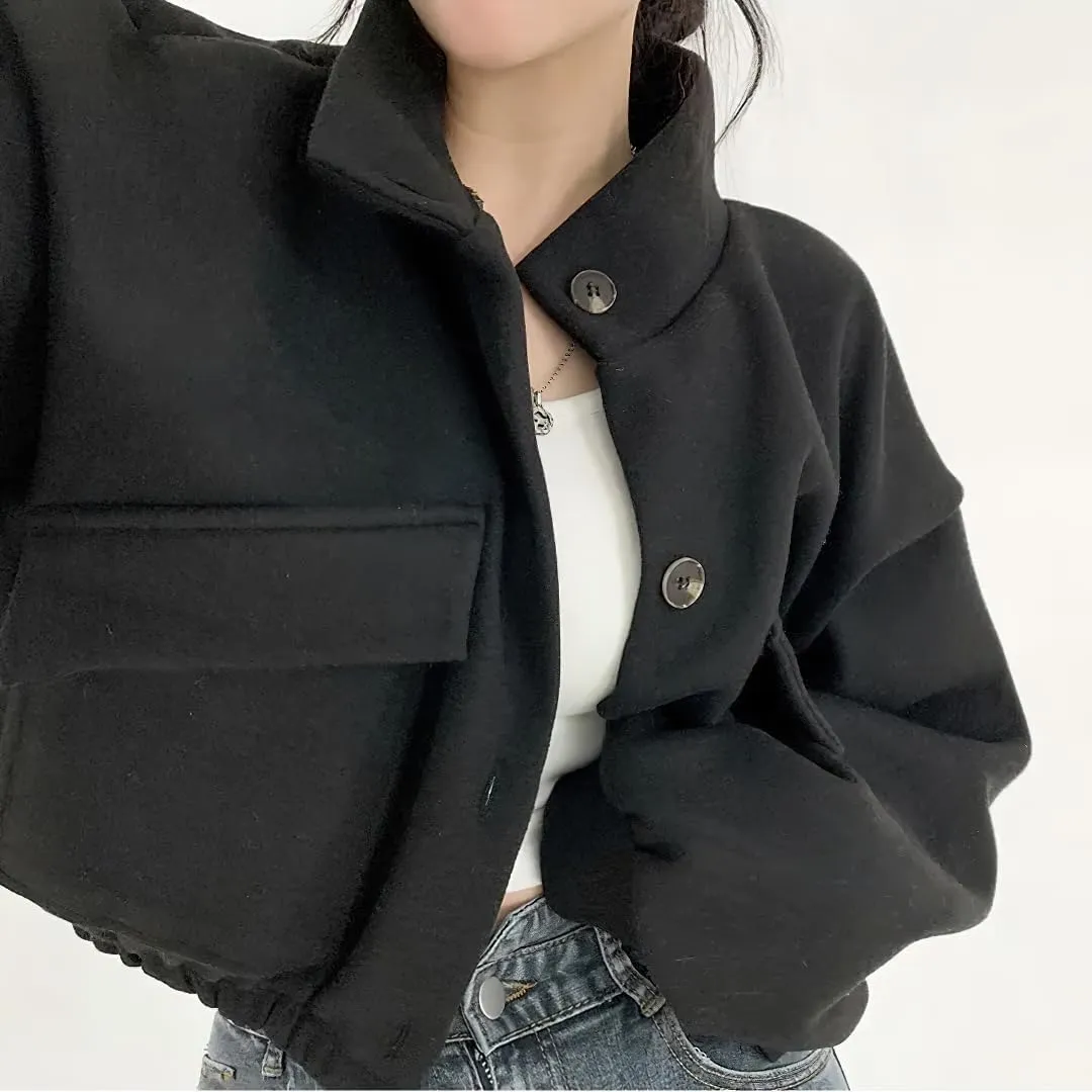 chouyatou Women's Stand Collar Wool Blend Cropped Trench Coat Button Front Short Jacket Coat with pockets