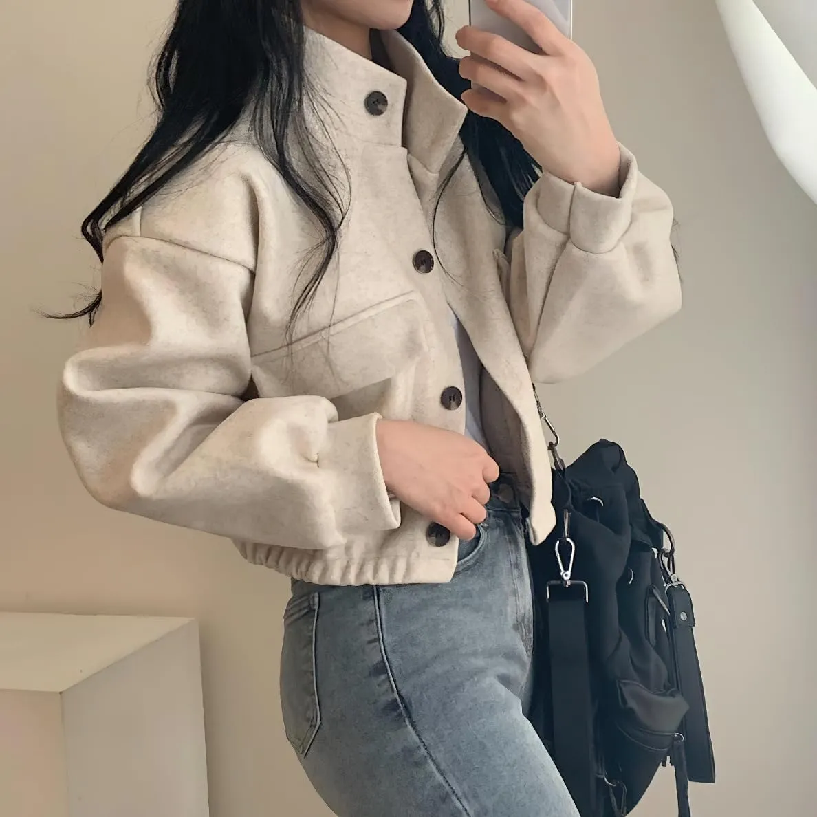 chouyatou Women's Stand Collar Wool Blend Cropped Trench Coat Button Front Short Jacket Coat with pockets