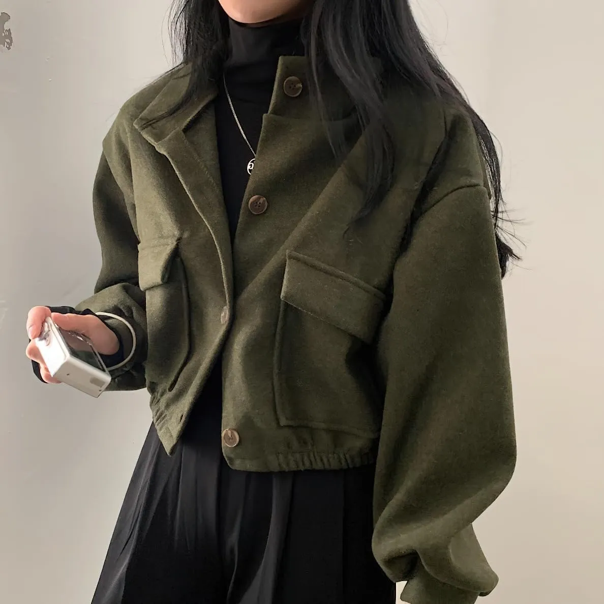 chouyatou Women's Stand Collar Wool Blend Cropped Trench Coat Button Front Short Jacket Coat with pockets
