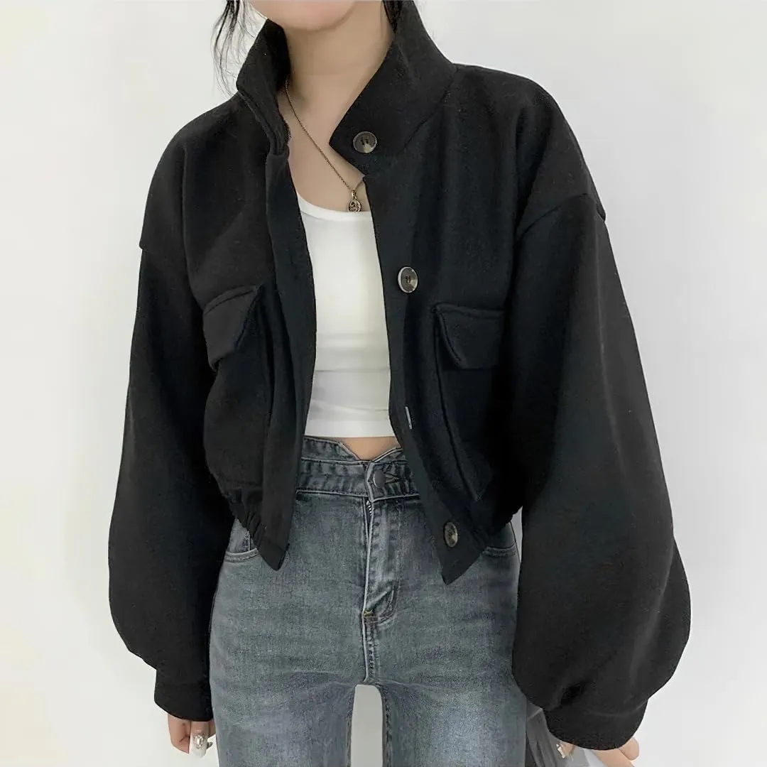 chouyatou Women's Stand Collar Wool Blend Cropped Trench Coat Button Front Short Jacket Coat with pockets