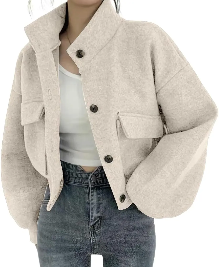 chouyatou Women's Stand Collar Wool Blend Cropped Trench Coat Button Front Short Jacket Coat with pockets