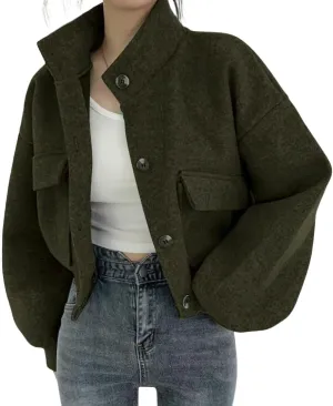 chouyatou Women's Stand Collar Wool Blend Cropped Trench Coat Button Front Short Jacket Coat with pockets
