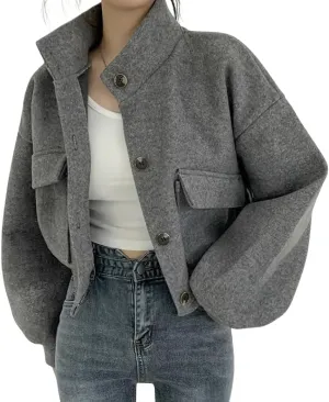 chouyatou Women's Stand Collar Wool Blend Cropped Trench Coat Button Front Short Jacket Coat with pockets