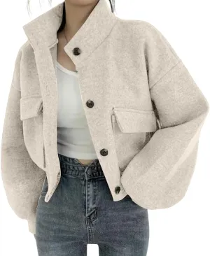 chouyatou Women's Stand Collar Wool Blend Cropped Trench Coat Button Front Short Jacket Coat with pockets