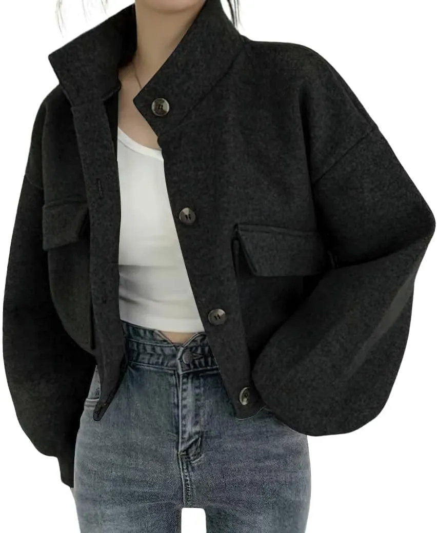 chouyatou Women's Stand Collar Wool Blend Cropped Trench Coat Button Front Short Jacket Coat with pockets