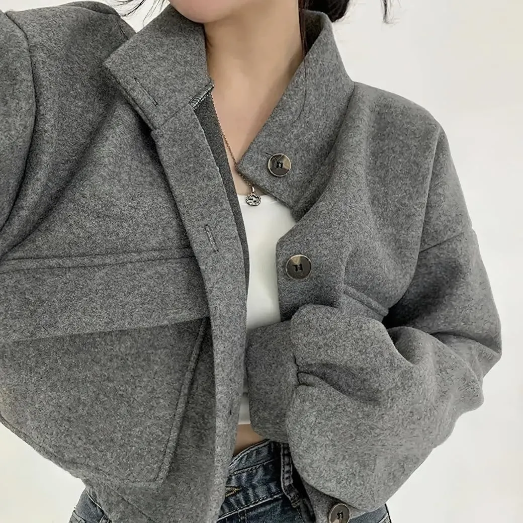 chouyatou Women's Stand Collar Wool Blend Cropped Trench Coat Button Front Short Jacket Coat with pockets