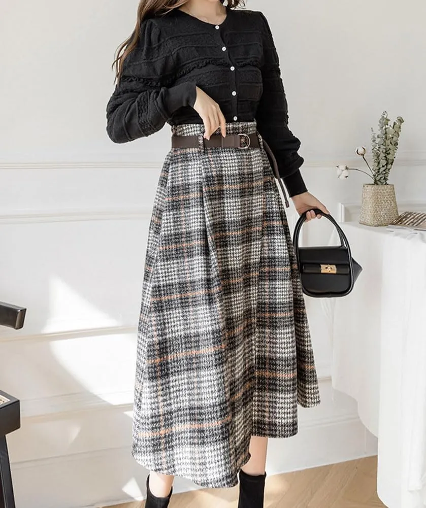 chouyatou Women's Vintage Plaid Wool Blend Midi Skirt Houndstooth A Line Wool Long Skirt with Belt