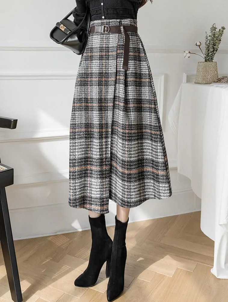 chouyatou Women's Vintage Plaid Wool Blend Midi Skirt Houndstooth A Line Wool Long Skirt with Belt
