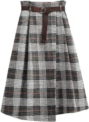 chouyatou Women's Vintage Plaid Wool Blend Midi Skirt Houndstooth A Line Wool Long Skirt with Belt