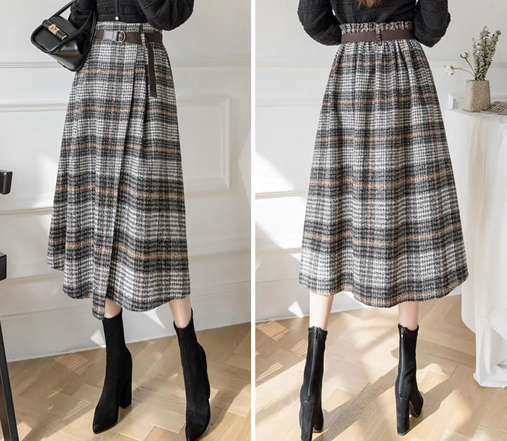 chouyatou Women's Vintage Plaid Wool Blend Midi Skirt Houndstooth A Line Wool Long Skirt with Belt