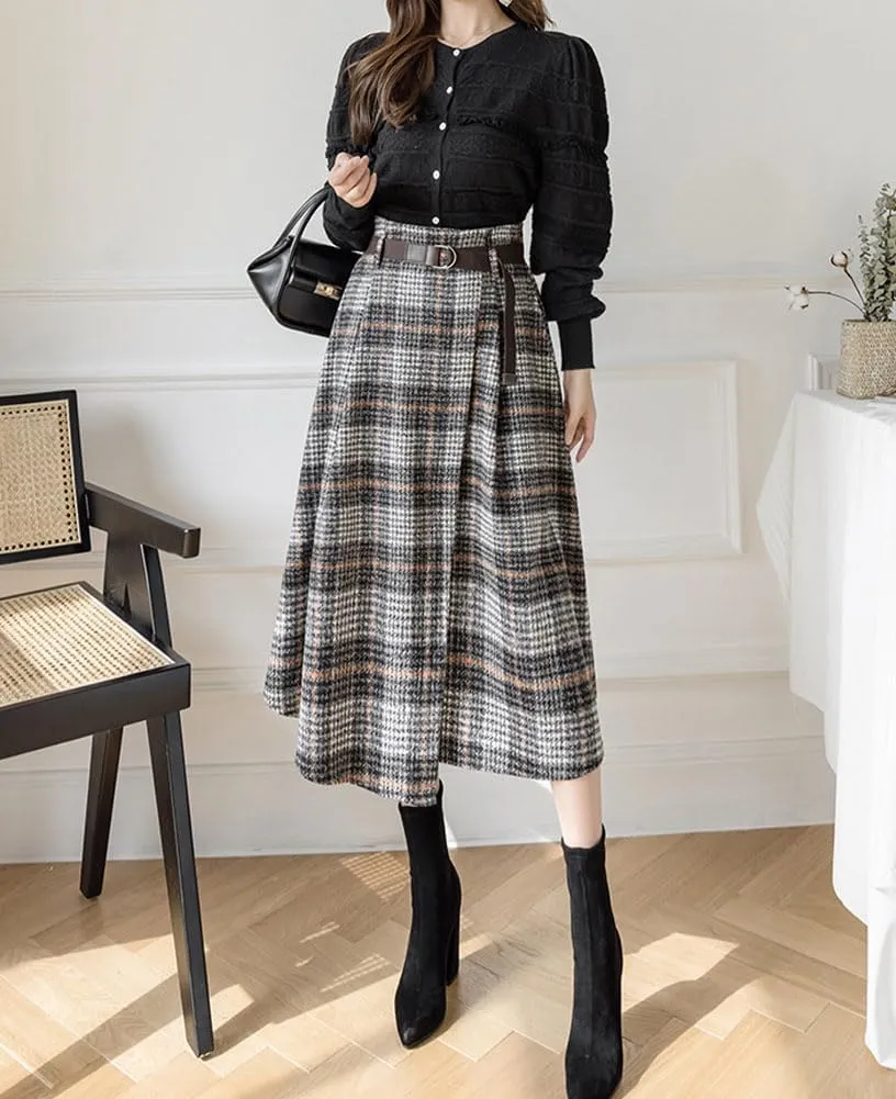 chouyatou Women's Vintage Plaid Wool Blend Midi Skirt Houndstooth A Line Wool Long Skirt with Belt