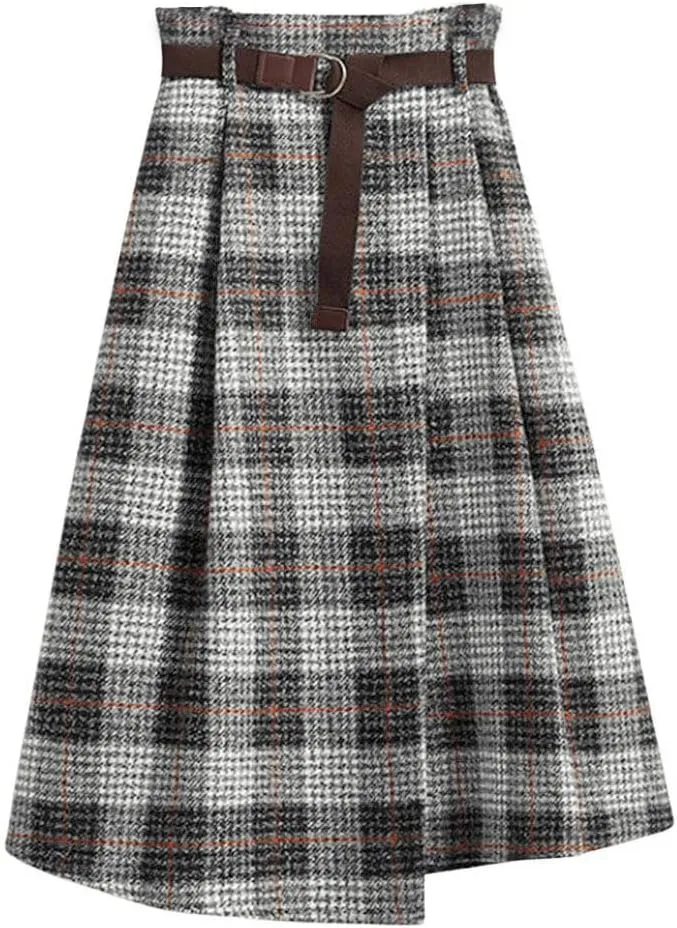 chouyatou Women's Vintage Plaid Wool Blend Midi Skirt Houndstooth A Line Wool Long Skirt with Belt