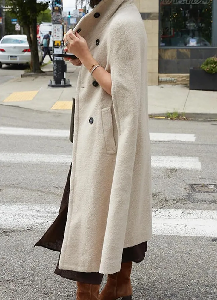 chouyatou Women's Winter Casual Wool Coat Poncho Double Breasted Stand Collar Wool Blend Cape Cloak Coat