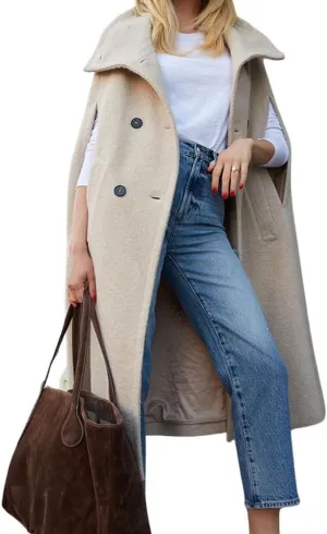 chouyatou Women's Winter Casual Wool Coat Poncho Double Breasted Stand Collar Wool Blend Cape Cloak Coat