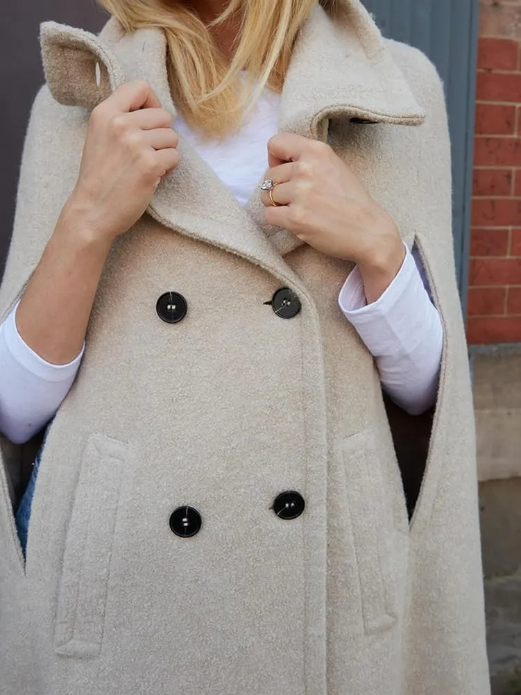 chouyatou Women's Winter Casual Wool Coat Poncho Double Breasted Stand Collar Wool Blend Cape Cloak Coat