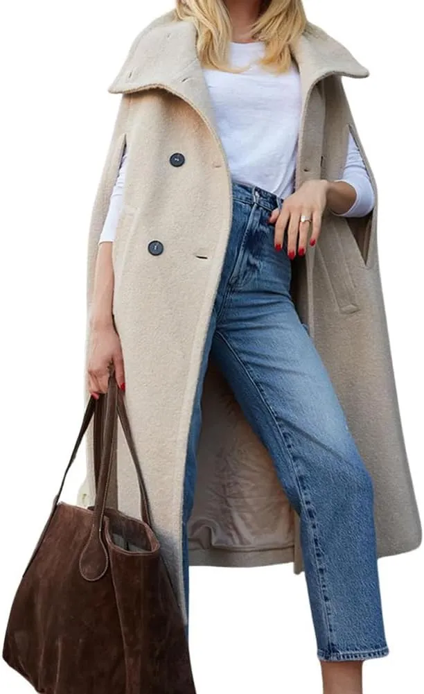 chouyatou Women's Winter Casual Wool Coat Poncho Double Breasted Stand Collar Wool Blend Cape Cloak Coat
