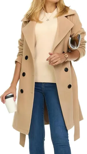 chouyatou Women's Winter Double Breasted Wool Coat Notch Collared Wool Blend Trench Pea Coat with Belt