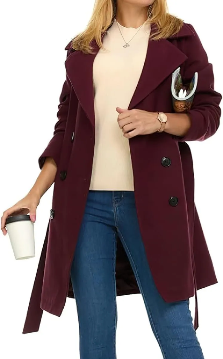 chouyatou Women's Winter Double Breasted Wool Coat Notch Collared Wool Blend Trench Pea Coat with Belt